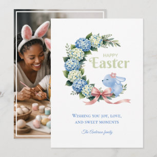 Watercolor Easter Hydrangea Cute Bunny Photo Holiday Card