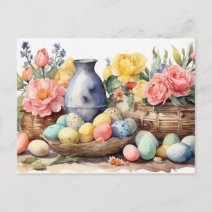 Watercolor Easter Illustration with Flowers, Eggs Holiday Postcard