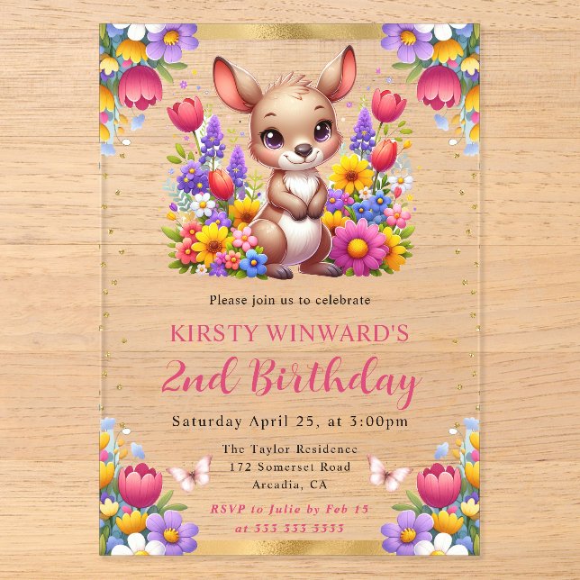 Watercolor Easter Kangaroo Spring Flowers Birthday Acrylic Invitations (Front)