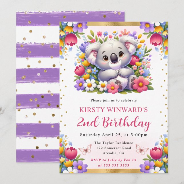 Watercolor Easter Koala & Spring Flowers Birthday Invitation (Front/Back)