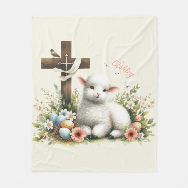 Watercolor Easter Lamb Personalised Fleece Blanket (Front)