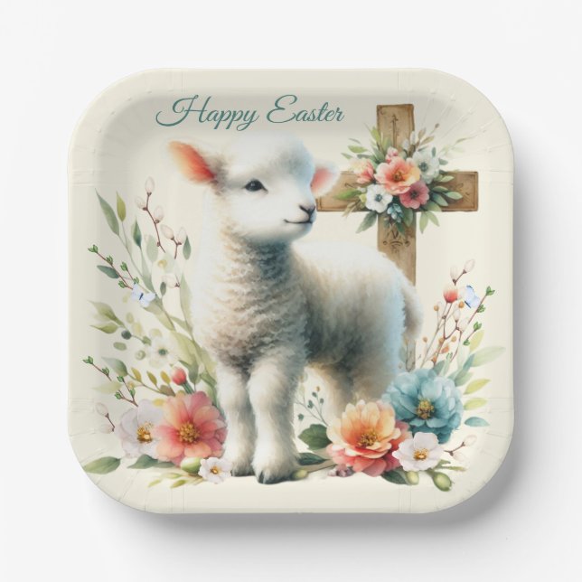 Watercolor Easter Lamb Personalised Paper Plate (Front)