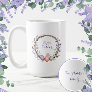 Watercolor Easter Lavender Wreath Eggs Bunny Coffee Mug