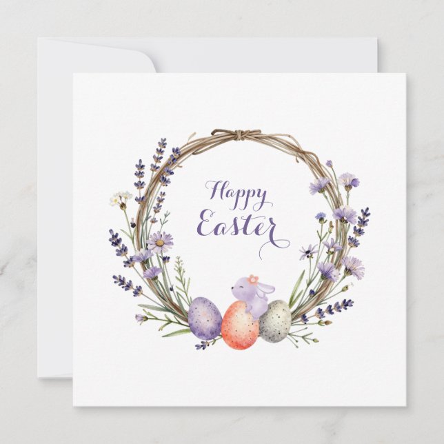Watercolor Easter Lavender Wreath Eggs Cute Bunny Holiday Card (Front)