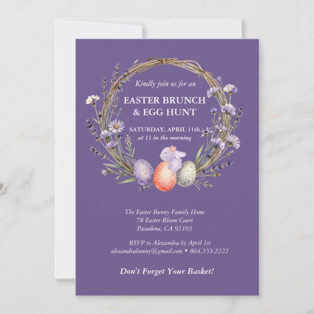 Watercolor Easter Lavender Wreath Eggs Cute Bunny Invitation (Front)