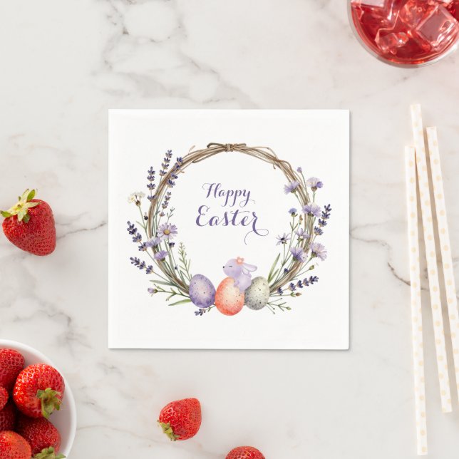 Watercolor Easter Lavender Wreath Eggs Cute Bunny Napkin (Insitu)