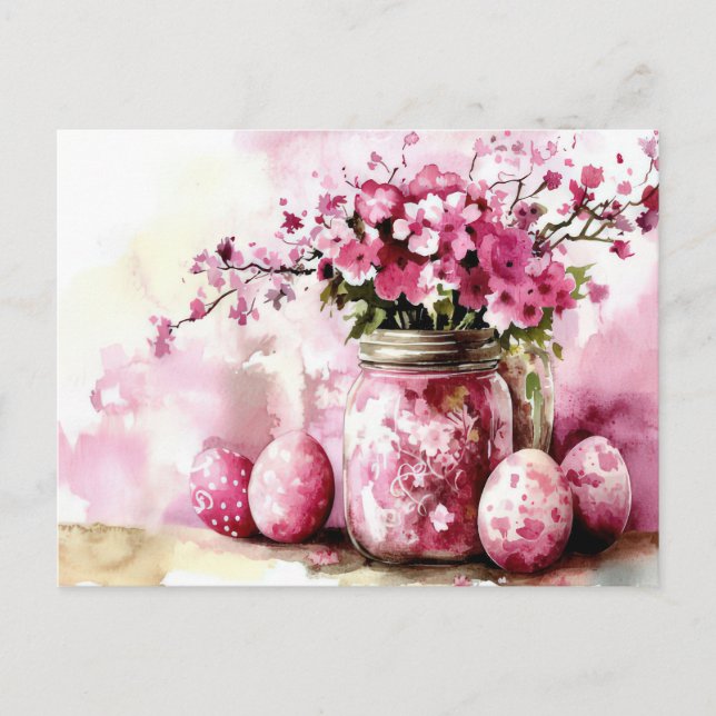 Watercolor Easter postcard with Easter eggs and fl (Front)