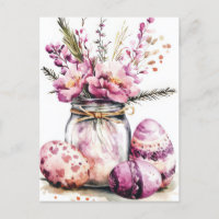 Watercolor Easter postcard with Easter eggs and fl