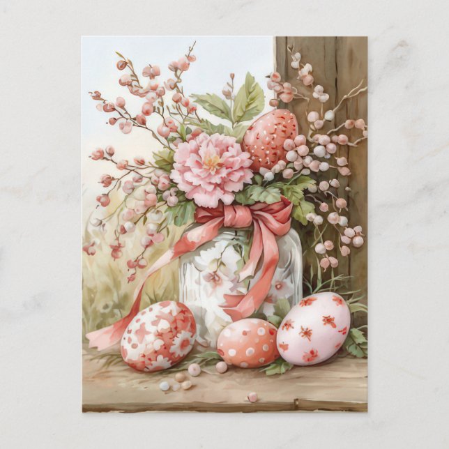 Watercolor Easter postcard with Easter eggs and fl (Front)