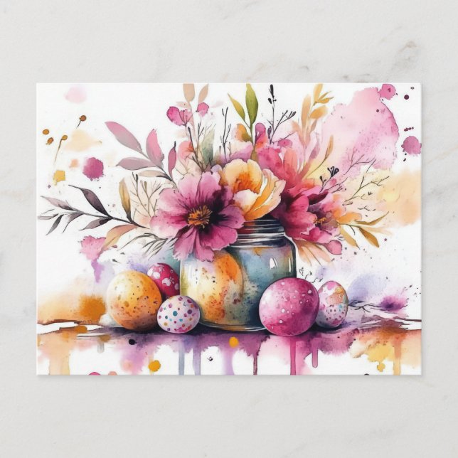 Watercolor Easter postcard with Easter eggs and fl (Front)