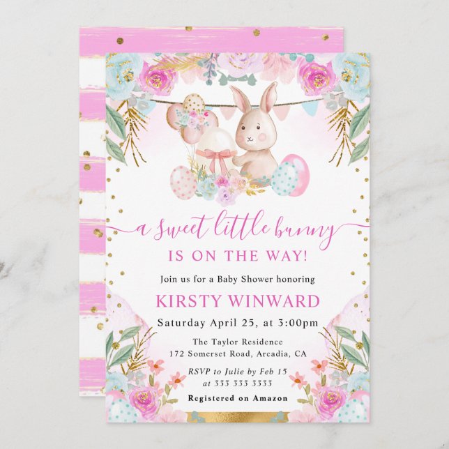 Watercolor Easter Rabbit and Flowers Baby Shower Invitation (Front/Back)