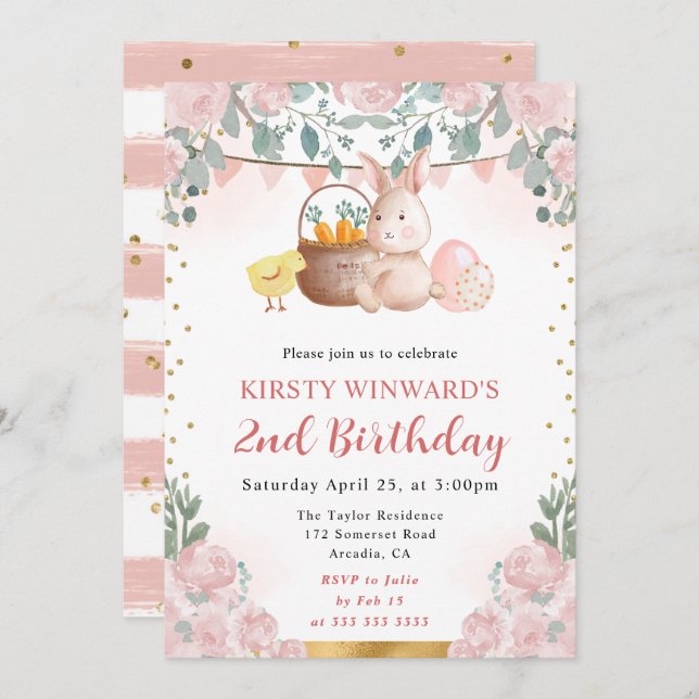 Watercolor Easter Rabbit and Flowers Birthday Invitation (Front/Back)