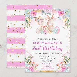 Watercolor Easter Rabbit and Flowers Birthday Invitation