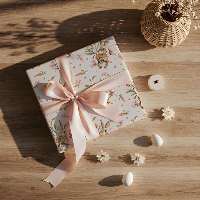 Watercolor Easter Rabbit, Carrots & Floral Design Wrapping Paper (Watercolor Easter Rabbit, Carrots & Floral Design Wrapping Paper)
