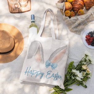 Watercolor Easter Rabbit Ears with Blue Bow Spring Large Tote Bag
