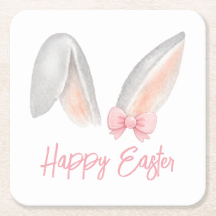 Watercolor Easter Rabbit Ears with Pink Bow Spring Square Paper Coaster