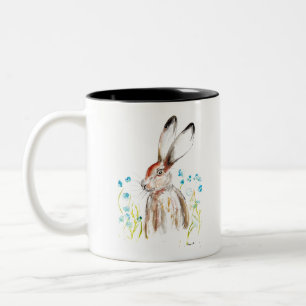 Watercolor Easter rabbit hare animal Blue flowers Two-Tone Coffee Mug