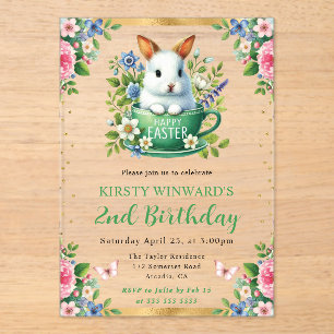 Watercolor Easter Rabbit Spring Flowers Birthday Acrylic Invitations