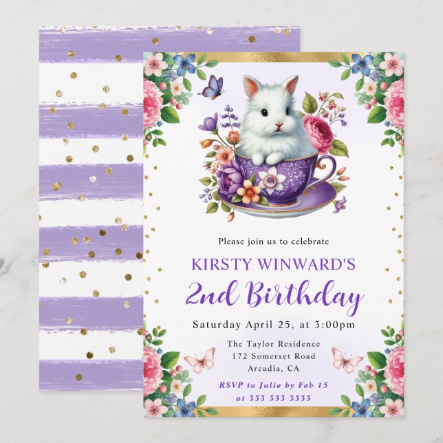 Watercolor Easter Rabbit Spring Flowers Birthday Invitation (Front/Back)