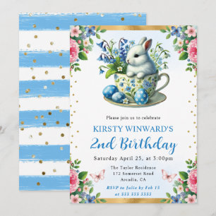 Watercolor Easter Rabbit Spring Flowers Birthday Invitation