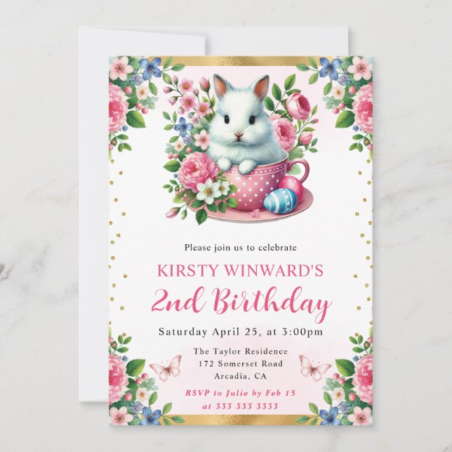 Watercolor Easter Rabbit Spring Flowers Birthday Invitation (Front)