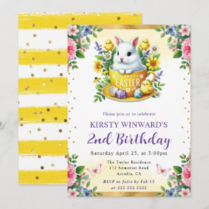 Watercolor Easter Rabbit Spring Flowers Birthday Invitation