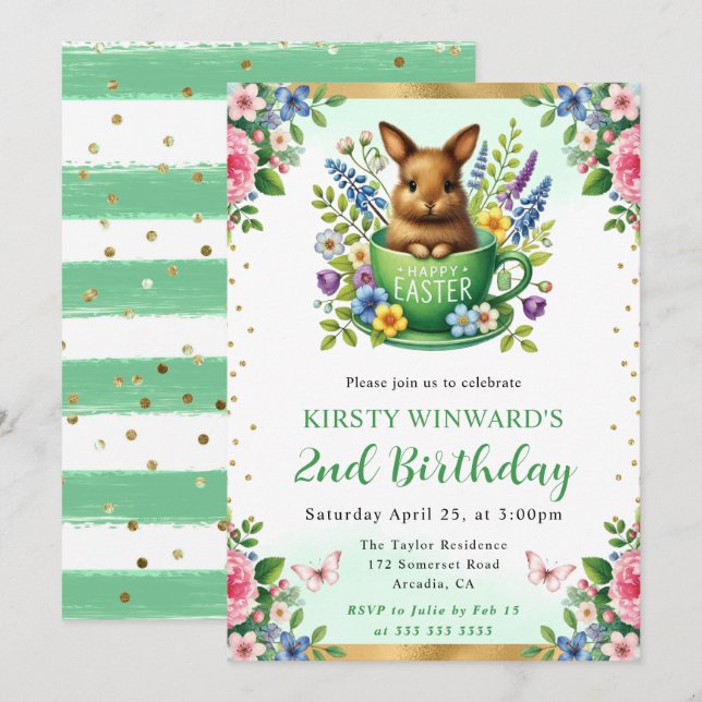 Watercolor Easter Rabbit Spring Flowers Birthday Invitation (Front/Back)
