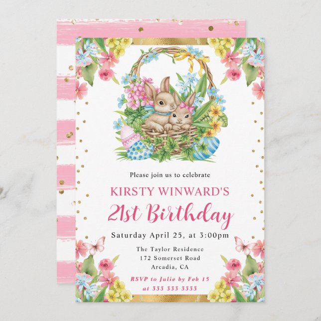 Watercolor Easter Rabbits Spring 21st Birthday Invitation (Front/Back)