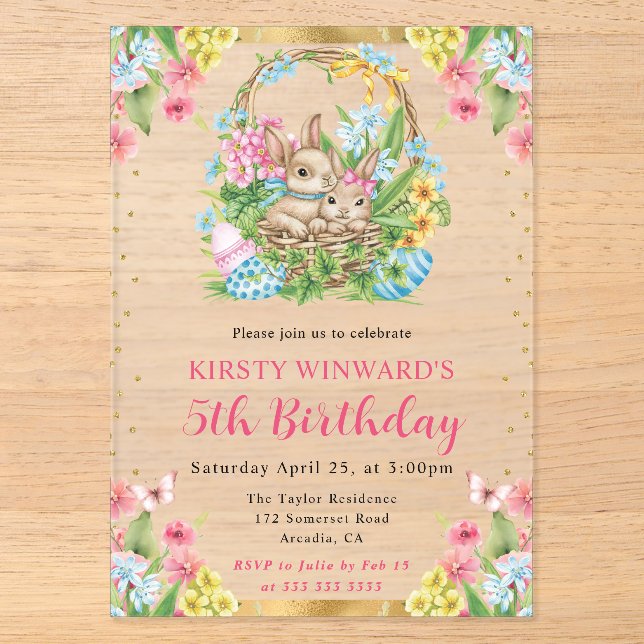 Watercolor Easter Rabbits Spring 5th Birthday Acrylic Invitations (Front)