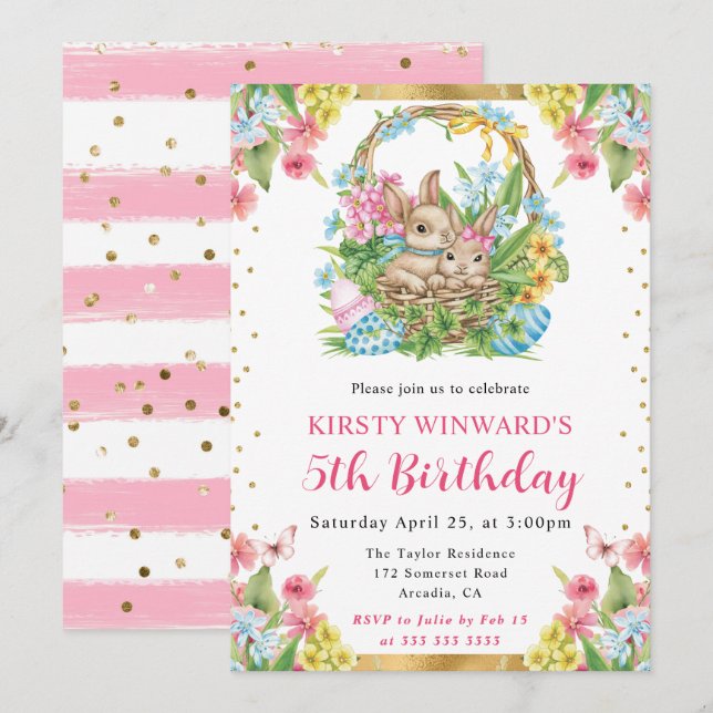 Watercolor Easter Rabbits Spring 5th Birthday Invitation (Front/Back)