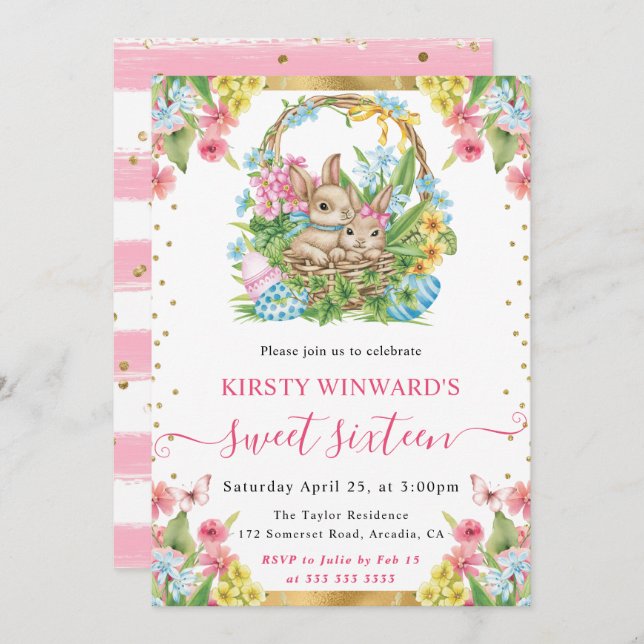Watercolor Easter Rabbits Spring Sweet 16 Invitation (Front/Back)
