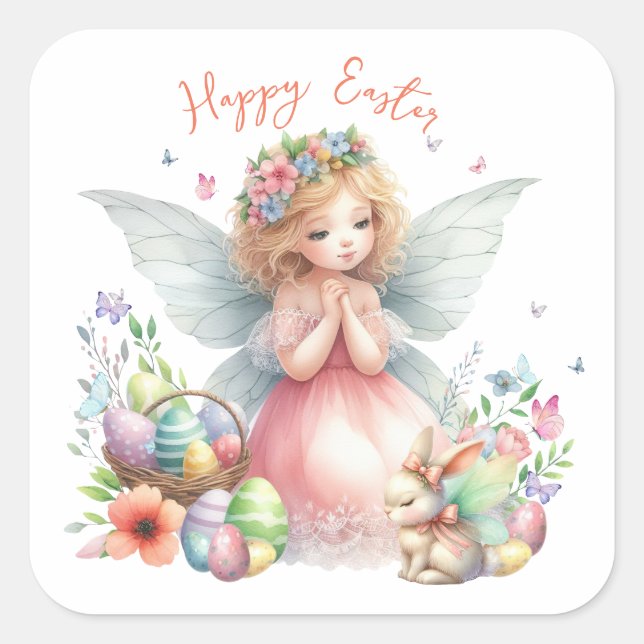 Watercolor Easter Spring Fairy Square Sticker (Front)