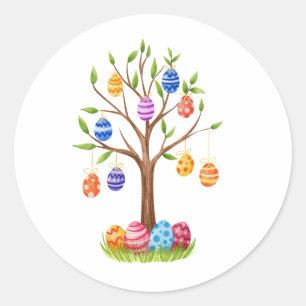 Watercolor Easter Tree with Hanging Decorated Eggs Classic Round Sticker