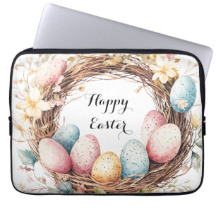 Watercolor Easter Wreath with Eggs and Flowers Laptop Sleeve