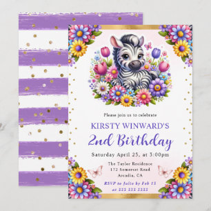 Watercolor Easter Zebra & Spring Flowers Birthday Invitation