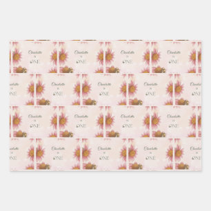 Watercolor Echinacea & Bumblebee 1st Birthday Wrapping Paper Sheet