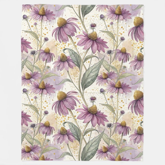 Watercolor Echinacea Purple & Gold Fleece Blanket (Front)