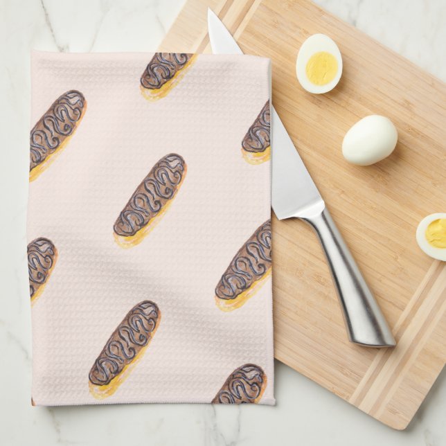 Watercolor Eclairs Doughnuts Fun Whimiscal   Pink Tea Towel (Quarter Fold)