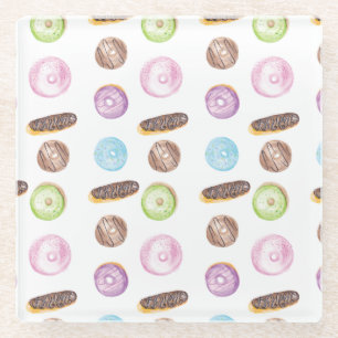 Watercolor Eclairs Doughnuts Fun Whimiscal Sweet Glass Coaster