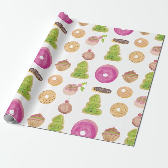 Watercolor Eclairs Doughnuts Fun Whimiscal Sweet Wrapping Paper (Unrolled)