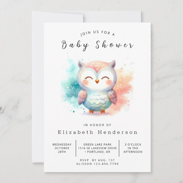 Watercolor Editable Owl Baby Shower Invitation (Front)