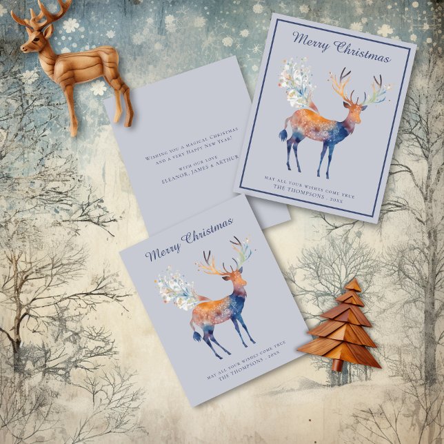 Watercolor Effect Festive Deer Christmas Holiday Card (Front and Back view with other options available)