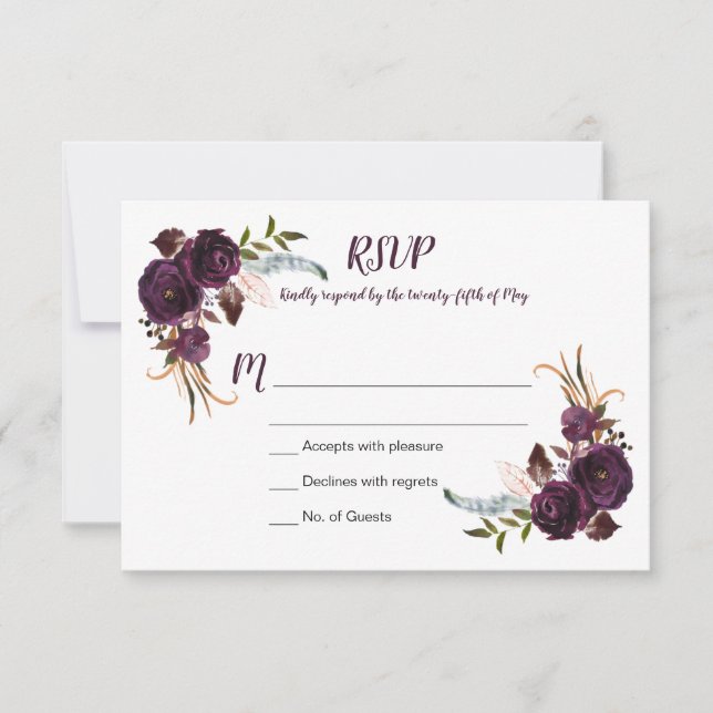Watercolor Eggplant Purple Roses Floral Boho RSVP (Front)