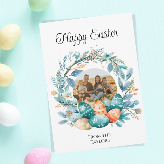 Watercolor Eggs Wreath Happy Easter Family Photo Holiday Card (easter egg wreath photo frame)