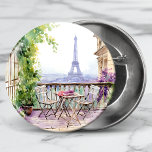 Watercolor Eifel Tower Paris French Cafe<br><div class="desc">Watercolor Eifel Tower Paris French Cafe Buttons features a watercolor french cafe seating area with Paris and the Eifel Tower in the background. Created by Evco Studio www.zazzle.com/store/evcostudio</div>