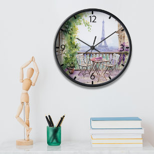Watercolor Eifel Tower Paris French Cafe Clock