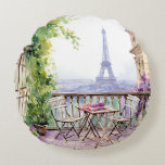 Watercolor Eifel Tower Paris French Cafe Round Cushion<br><div class="desc">Watercolor Eifel Tower Paris French Cafe Throw Pillow Cushion features a watercolor french cafe seating area with Paris and the Eifel Tower in the background. Created by Evco Studio www.zazzle.com/store/evcostudio</div>