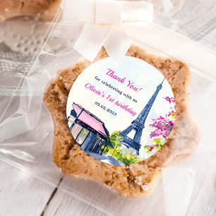 Watercolor Eiffel Tower Paris 1st Birthday Party Classic Round Sticker