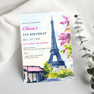 Watercolor Eiffel Tower Paris 1st Birthday Party Invitation