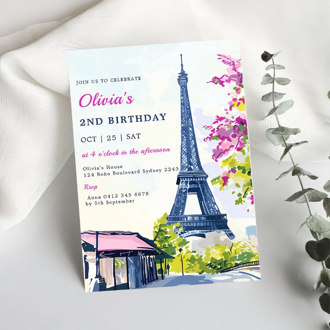 Watercolor Eiffel Tower Paris 2nd Birthday Party Invitation (Creator Uploaded)